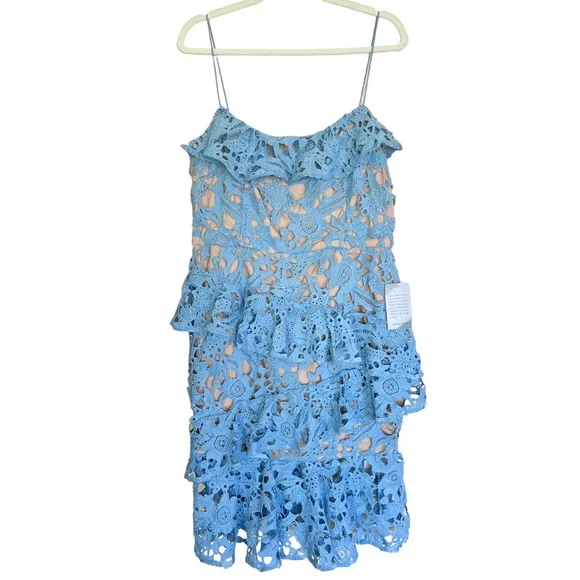 Cooper St Lace Parfait Ruffle Dress blue And Nude Size 12 NWT