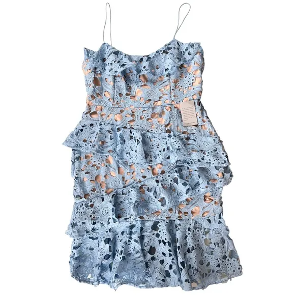 Cooper St Lace Parfait Ruffle Dress blue And Nude Size 12 NWT