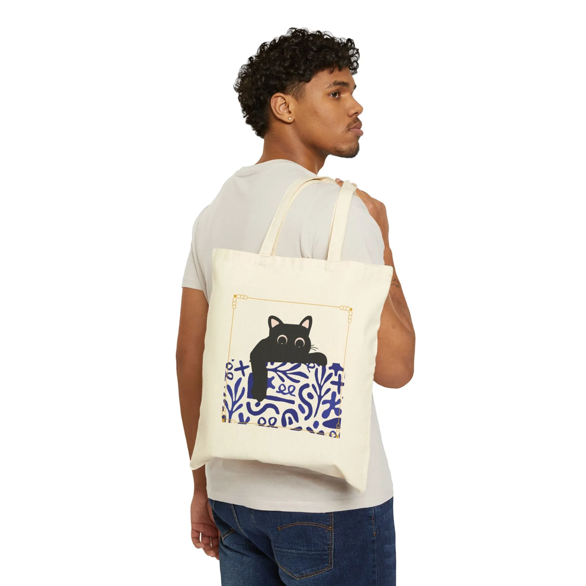 Cotton Tote Bag - Black Cat Pocket Peek