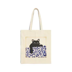 Cotton Tote Bag - Black Cat Pocket Peek