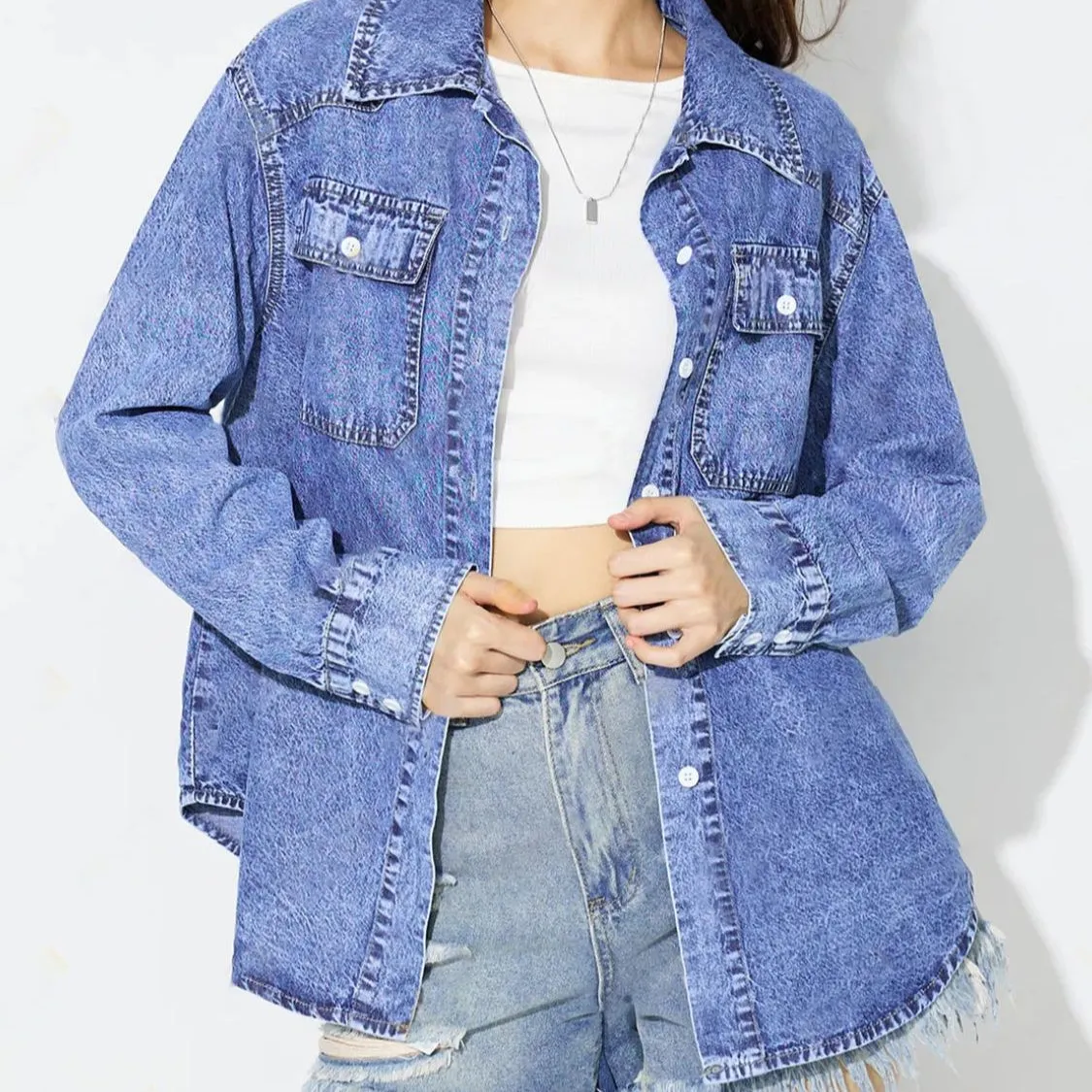 Curved Hem Collared Neck Denim Top