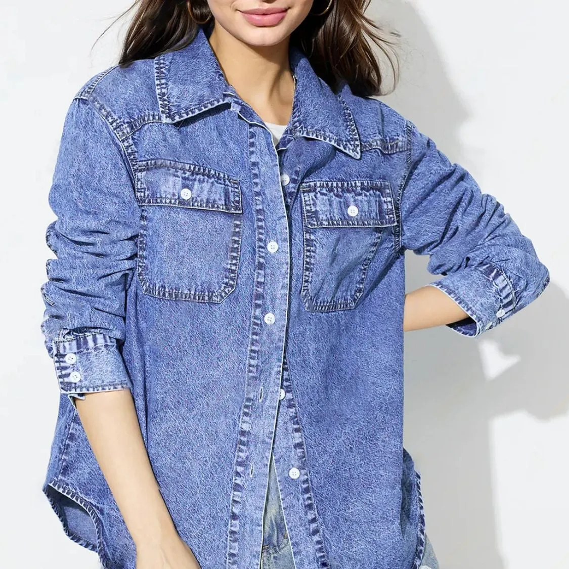 Curved Hem Collared Neck Denim Top