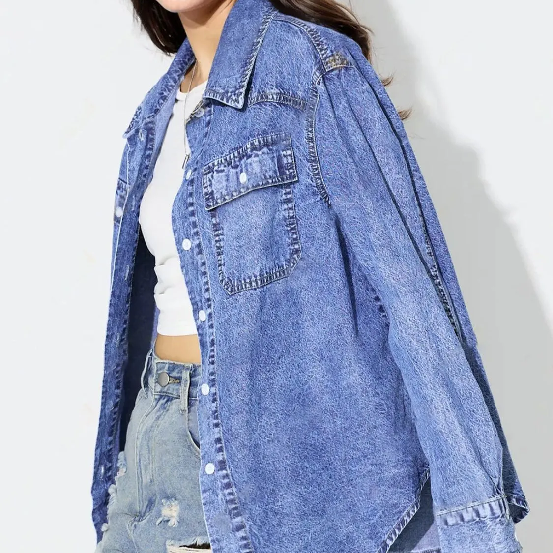 Curved Hem Collared Neck Denim Top