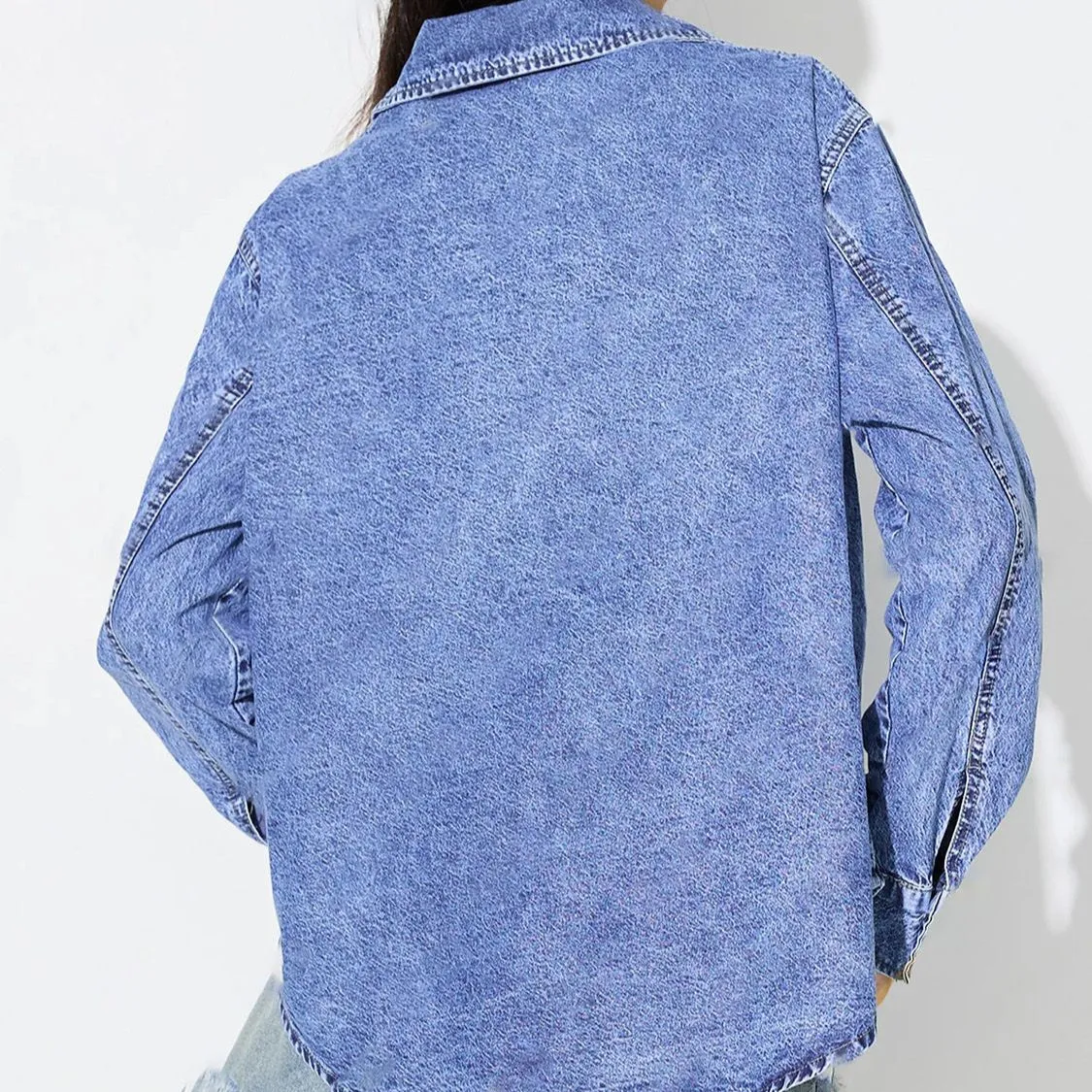 Curved Hem Collared Neck Denim Top