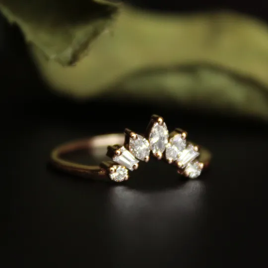 Curved Wedding Band with Multi Shaped Natural Diamonds in Solid Gold