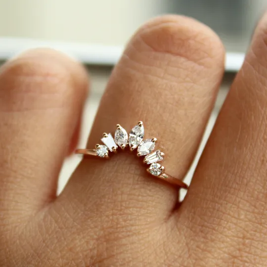 Curved Wedding Band with Multi Shaped Natural Diamonds in Solid Gold
