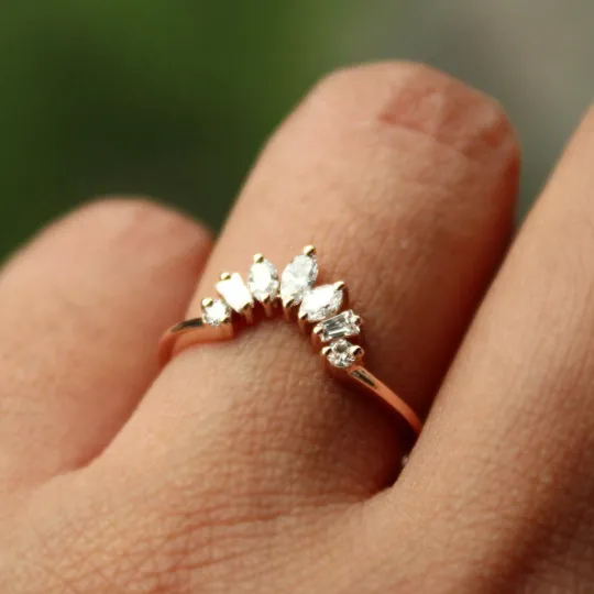 Curved Wedding Band with Multi Shaped Natural Diamonds in Solid Gold