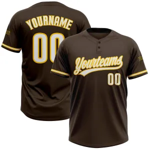 Custom Brown White-Yellow Two-Button Unisex Softball Jersey