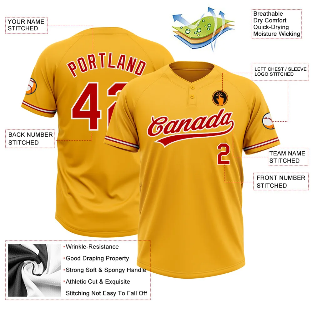 Custom Gold Red-White Two-Button Unisex Softball Jersey