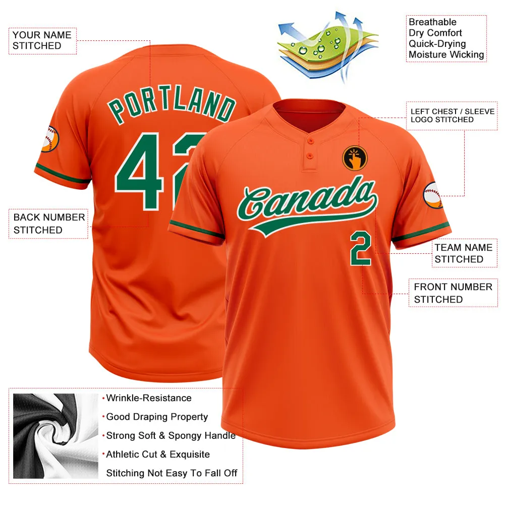 Custom Orange Kelly Green-White Two-Button Unisex Softball Jersey