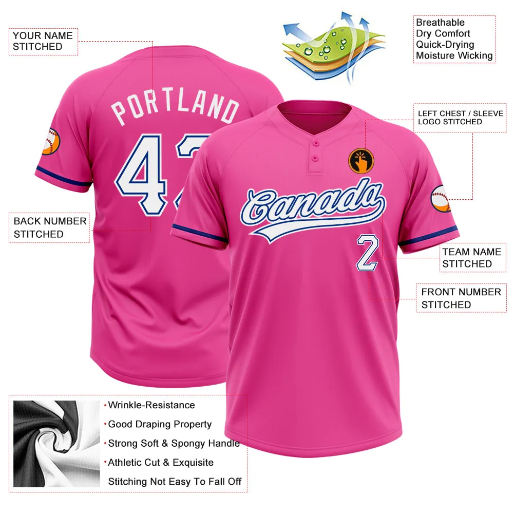 Custom Pink White-Royal Two-Button Unisex Softball Jersey