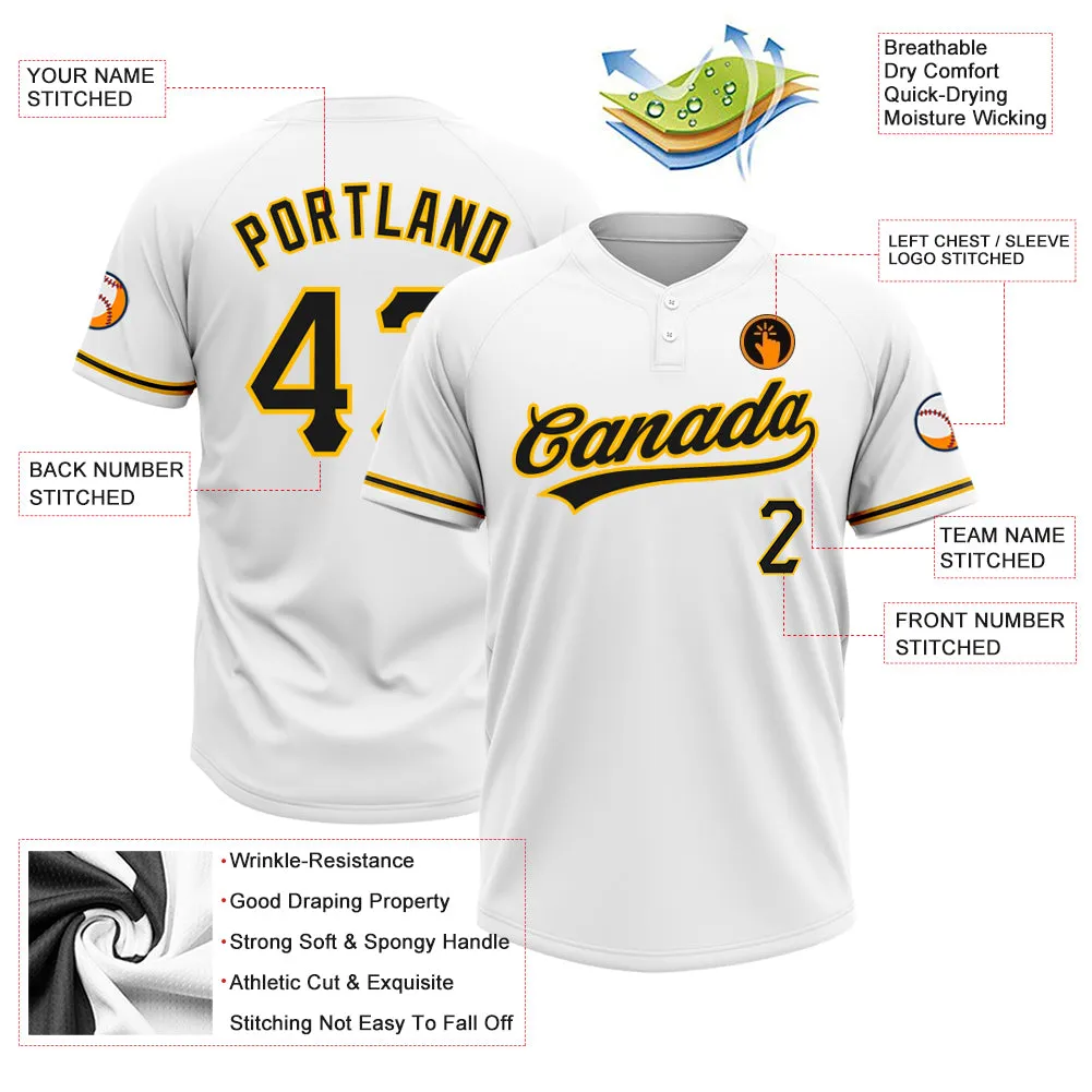 Custom White Black-Gold Two-Button Unisex Softball Jersey