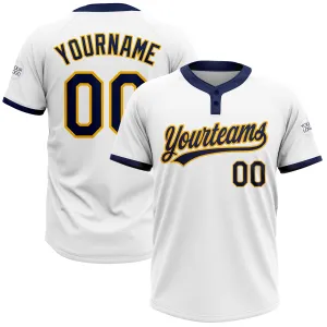 Custom White Navy-Gold Two-Button Unisex Softball Jersey