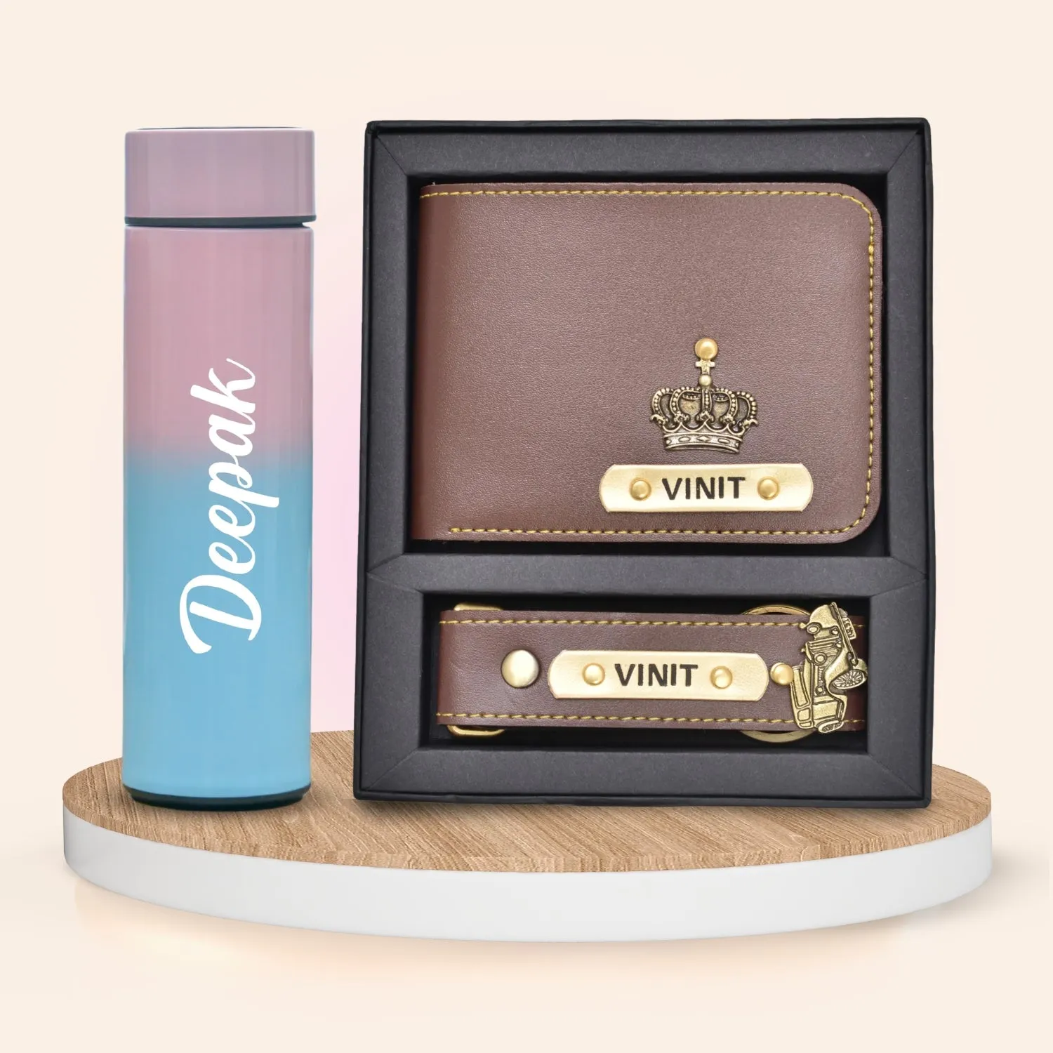Customized Bottle with Temperature display - Pastel Shade 1 & All in One Men's Combo (2 pcs) - Brown