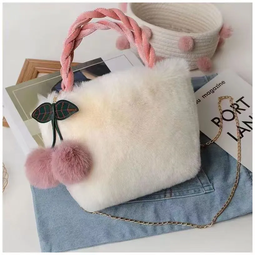 Cute Cherry Plush Handbag - Trendy Winter Bucket Bag with Chain Strap S-241107-108-L