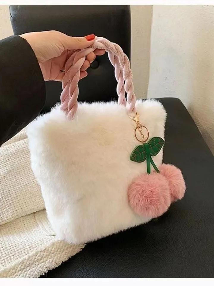 Cute Cherry Plush Handbag - Trendy Winter Bucket Bag with Chain Strap S-241107-108-L