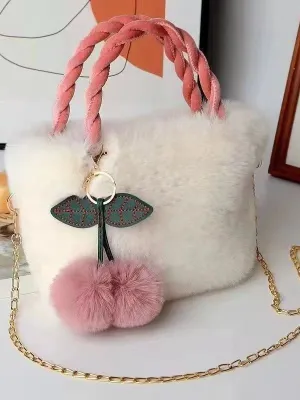 Cute Cherry Plush Handbag - Trendy Winter Bucket Bag with Chain Strap S-241107-108-L