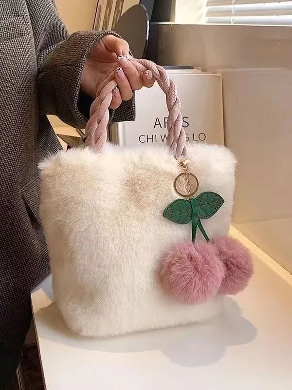 Cute Cherry Plush Handbag - Trendy Winter Bucket Bag with Chain Strap S-241107-108-L