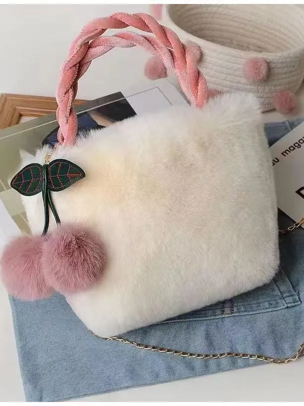Cute Cherry Plush Handbag - Trendy Winter Bucket Bag with Chain Strap S-241107-108-L