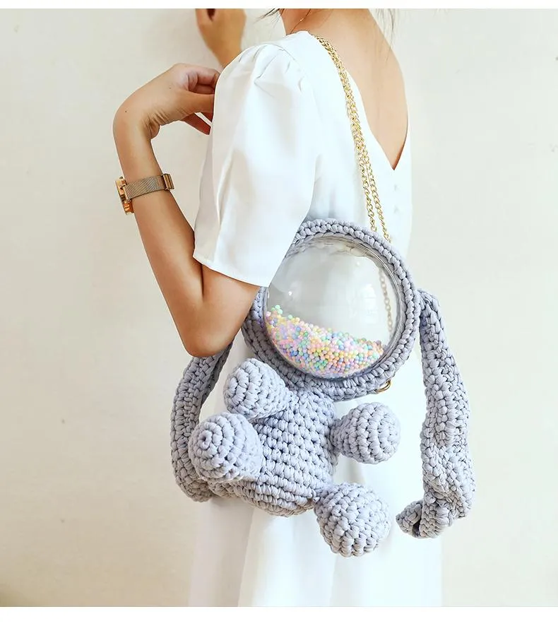 Cute Gray&White Crochet Bunny Backpack Rabbit Crochet Shoulder Bag for Girl Bunny Crochet Crossbody Purse