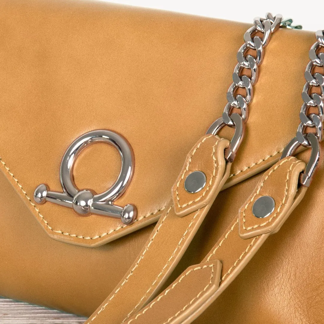 Del Mar - Horse Bit Crossbody Bag in Caramel Italian Leather with Nickel Hardware Featuring Custom Horse Bit Lock