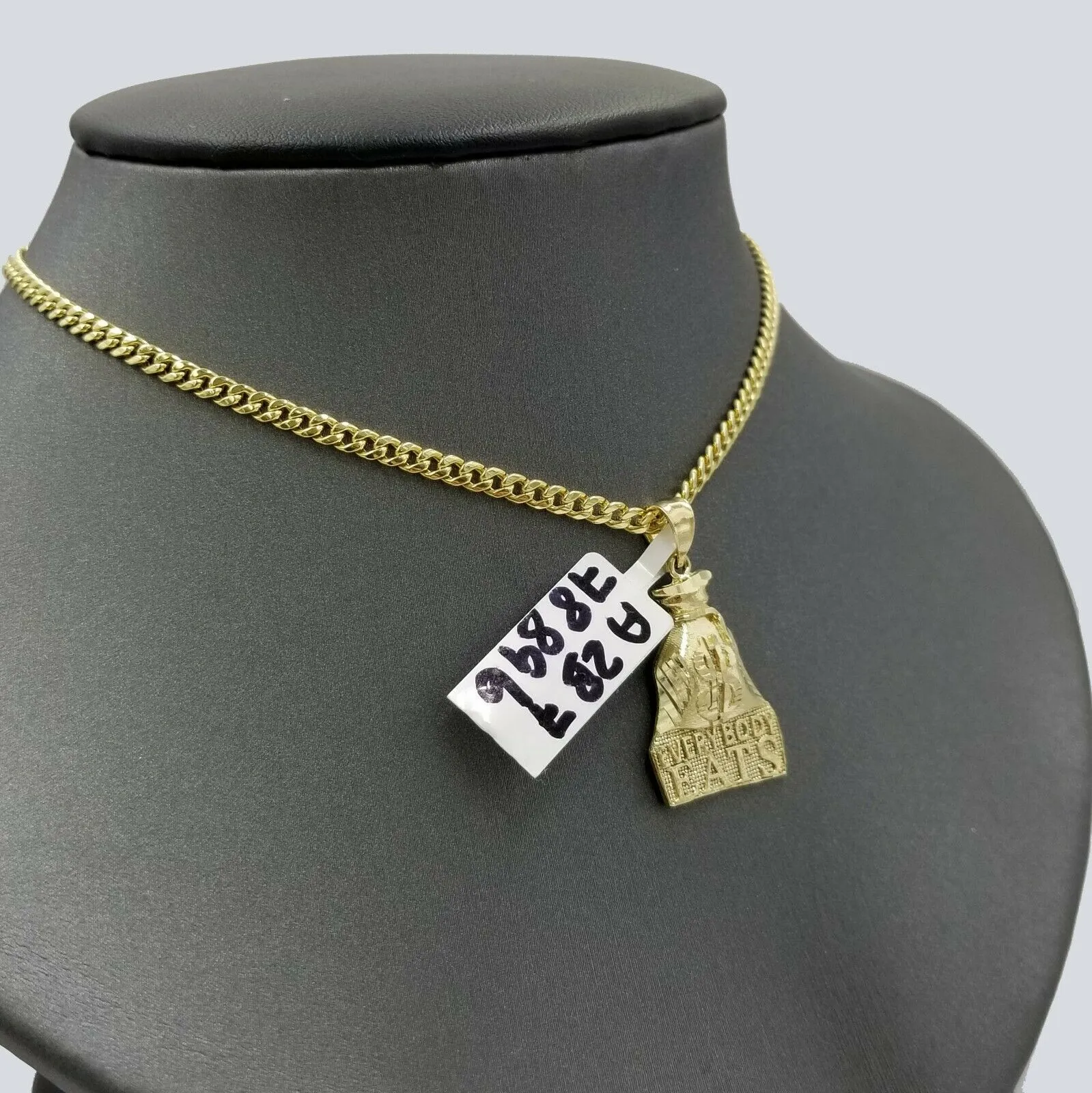 Dollar Bag 10k Gold Charm Pendant With Miami Cuban Chain 3mm  "Every Body EATS"