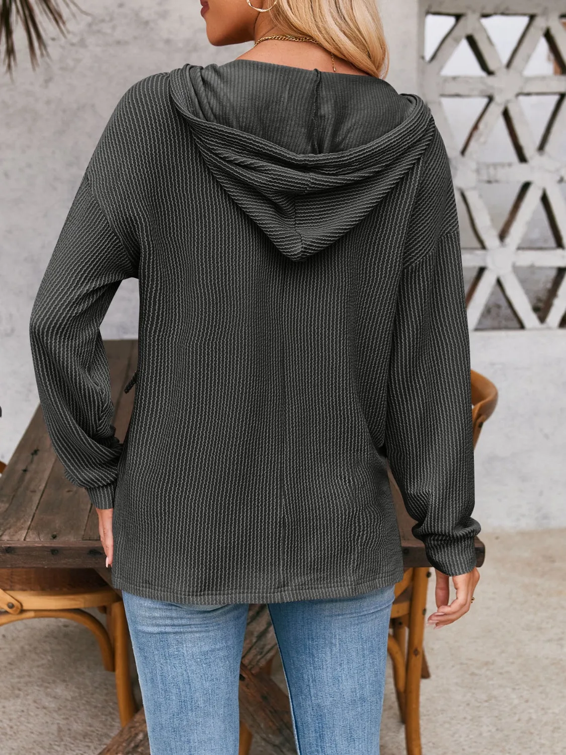Double Take Drawstring Dropped Shoulder Long Sleeve Hoodie (5 Colors)