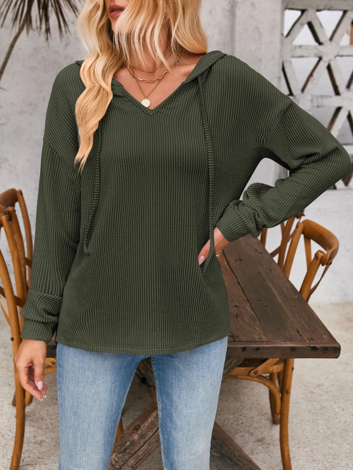 Double Take Drawstring Dropped Shoulder Long Sleeve Hoodie (5 Colors)