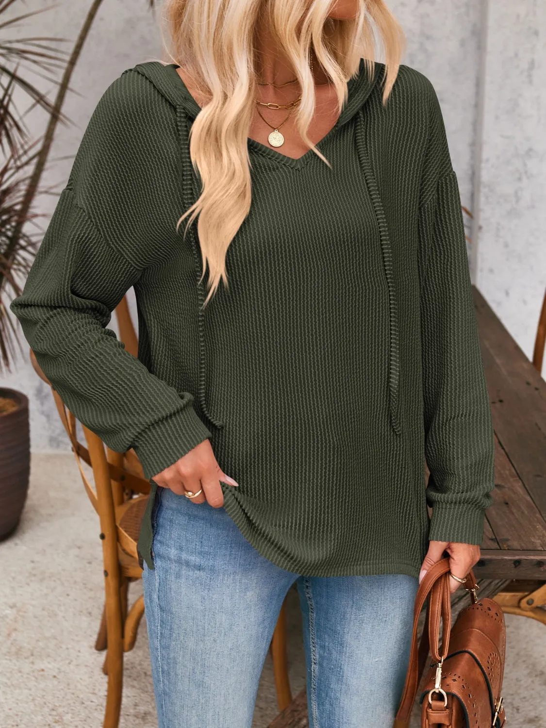 Double Take Drawstring Dropped Shoulder Long Sleeve Hoodie (5 Colors)