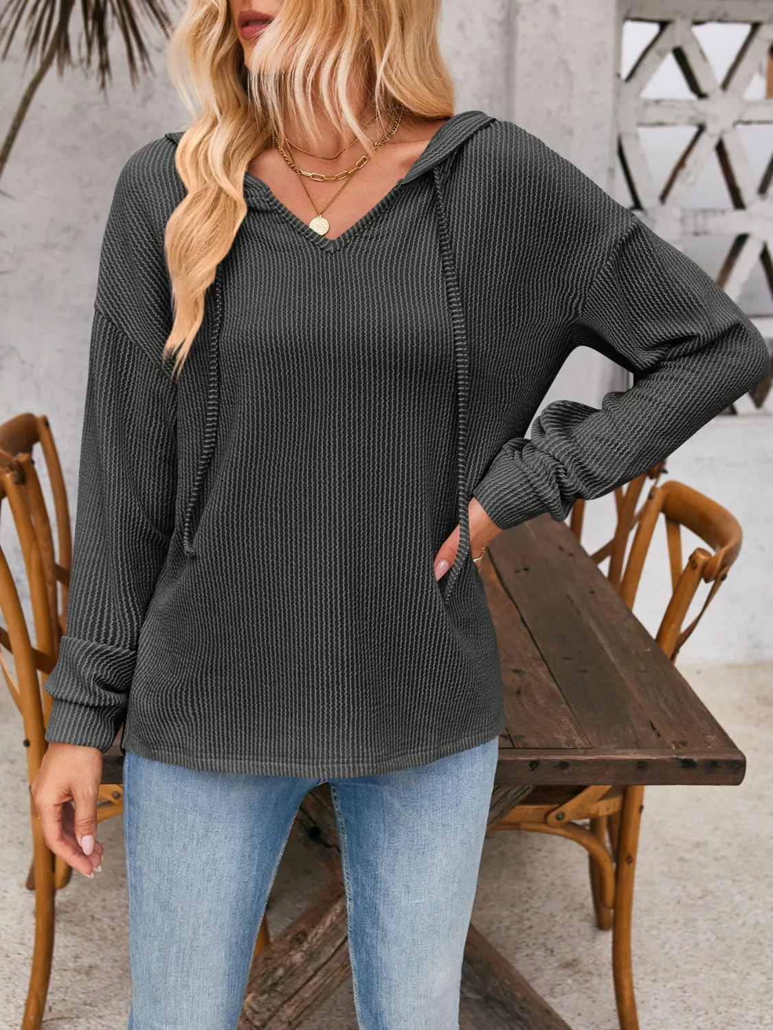 Double Take Drawstring Dropped Shoulder Long Sleeve Hoodie (5 Colors)