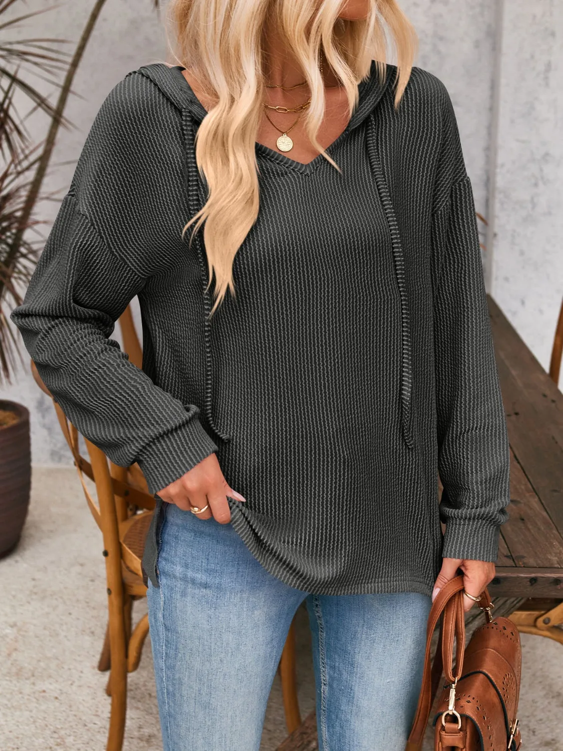 Double Take Drawstring Dropped Shoulder Long Sleeve Hoodie (5 Colors)