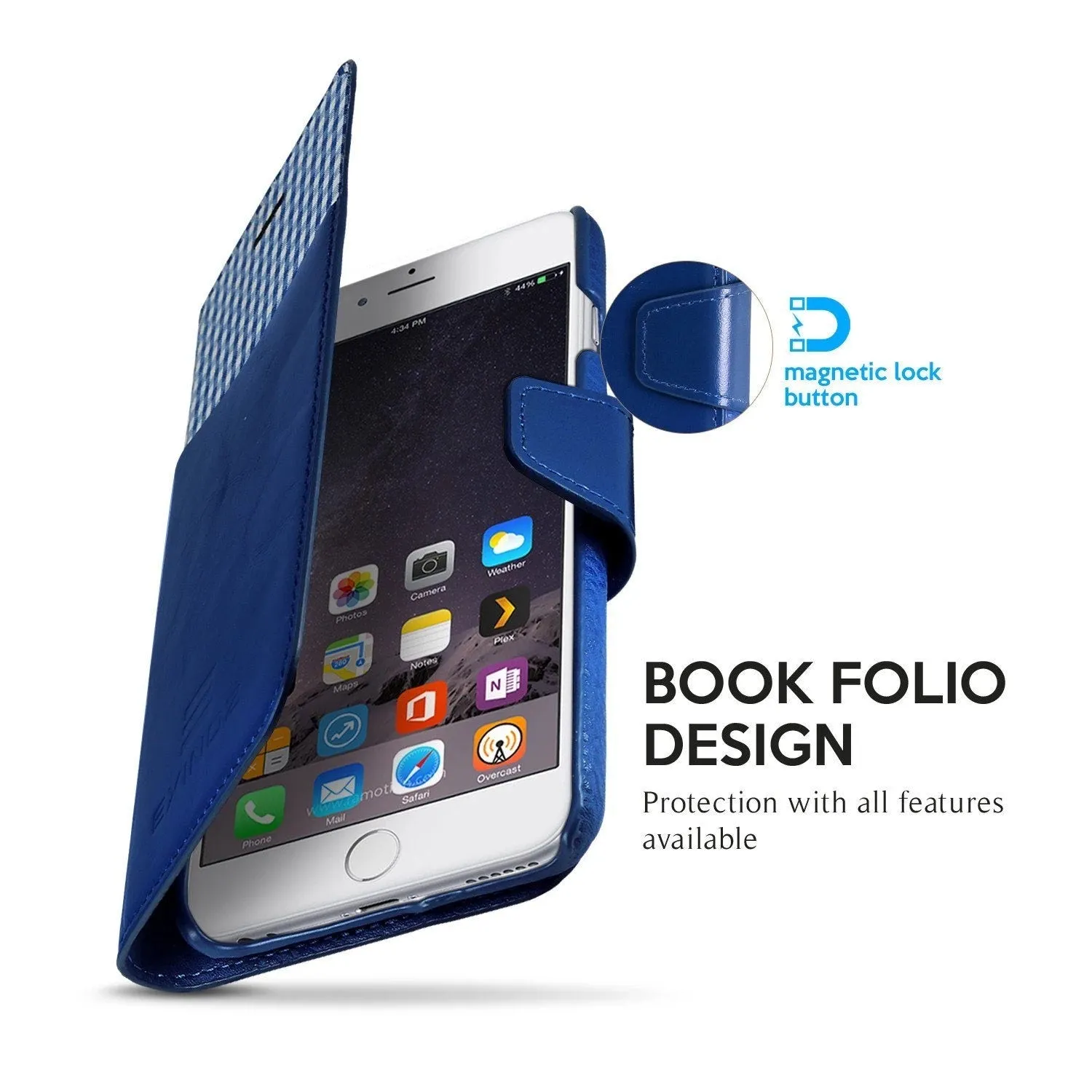 Exinoz iPhone 6S Plus Case, 100% Genuine Leather Wallet Case [BLUE] - For Apple iPhone 6 Plus and iPhone 6S Plus 5.5" Devices