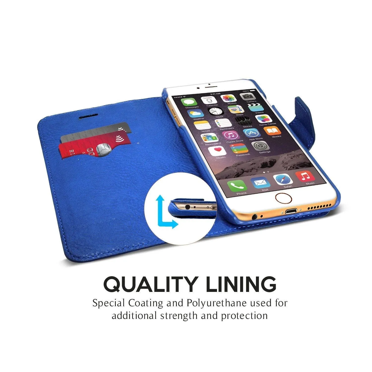Exinoz iPhone 6S Plus Case, 100% Genuine Leather Wallet Case [BLUE] - For Apple iPhone 6 Plus and iPhone 6S Plus 5.5" Devices