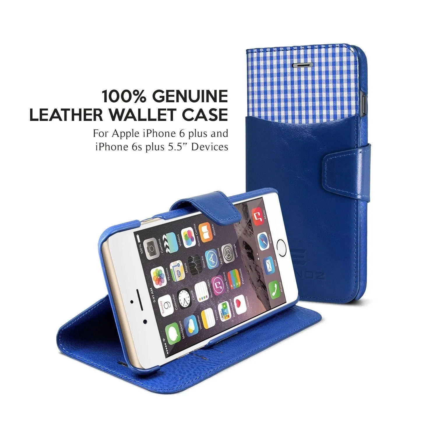 Exinoz iPhone 6S Plus Case, 100% Genuine Leather Wallet Case [BLUE] - For Apple iPhone 6 Plus and iPhone 6S Plus 5.5" Devices