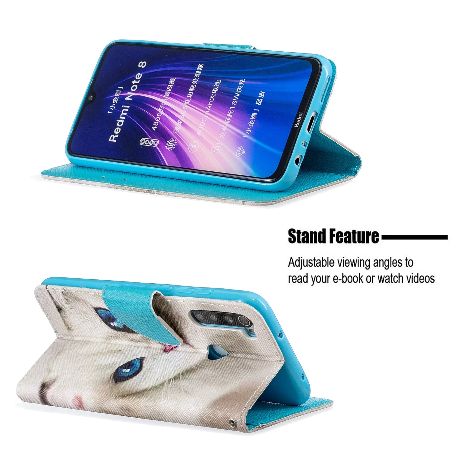 For Redmi Note 8/8 Pro Cellphone Cover Stand Function Wallet Design PU Leather Smartphone Shell Elegant Pattern Printed  Blue eyes cat