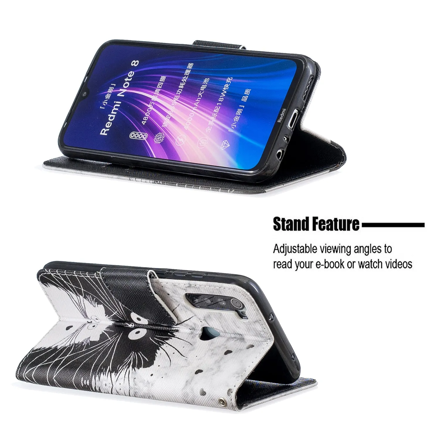 For Redmi Note 8/8 Pro Cellphone Cover Stand Function Wallet Design PU Leather Smartphone Shell Elegant Pattern Printed  Blue eyes cat
