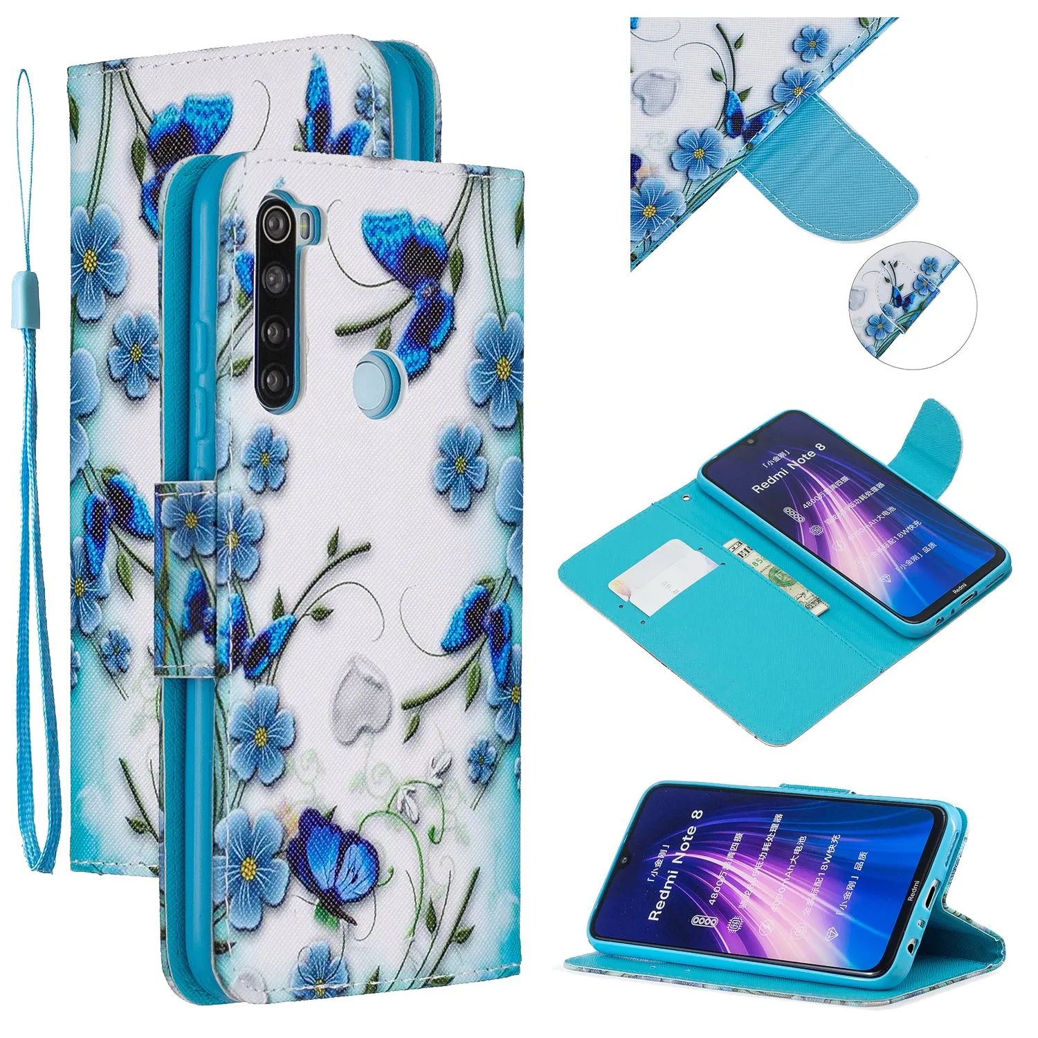 For Redmi Note 8/8 Pro Cellphone Cover Stand Function Wallet Design PU Leather Smartphone Shell Elegant Pattern Printed  Magic butterfly