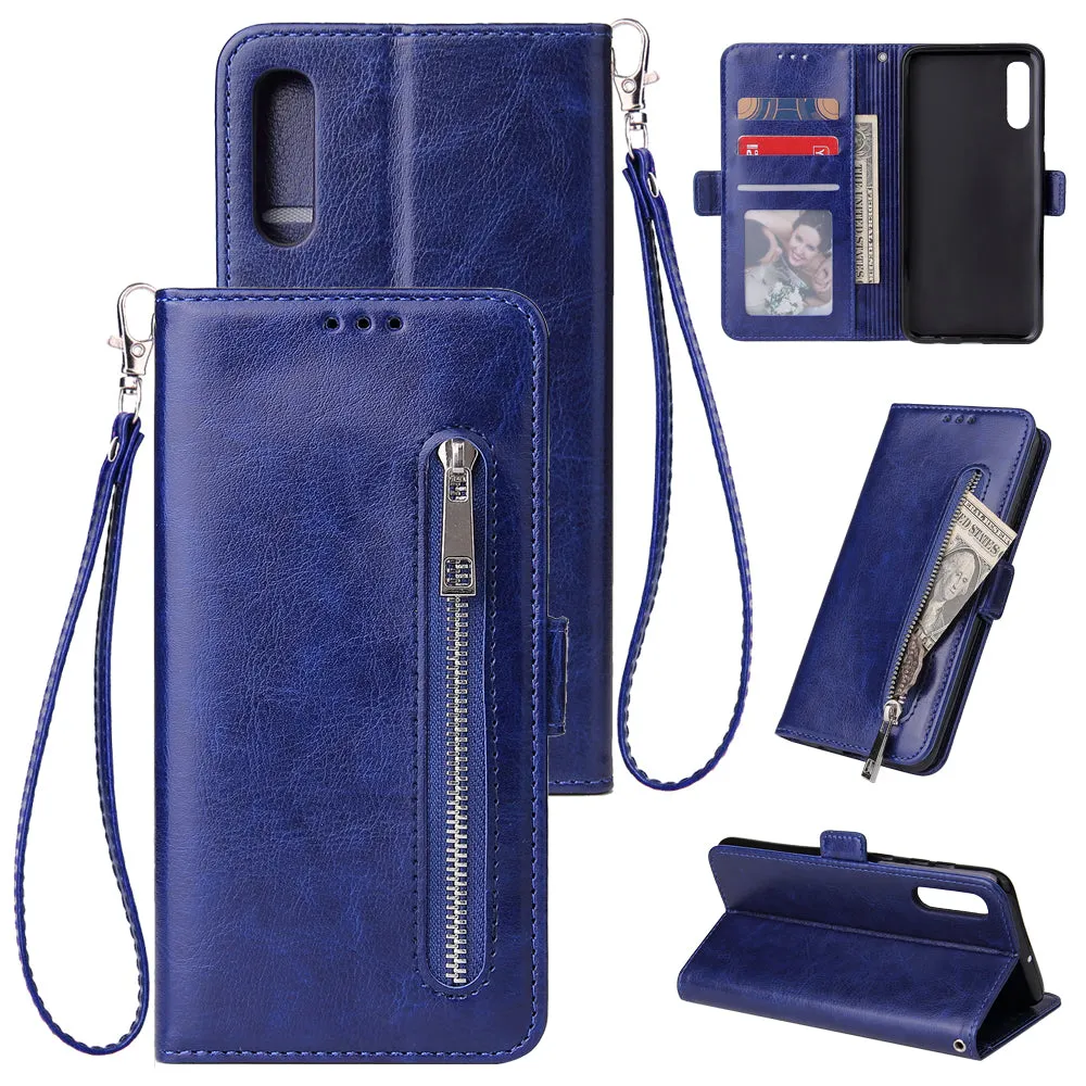 For Samsung A50 Solid Color PU Leather Zipper Wallet Double Buckle Protective Case with Stand & Lanyard gold