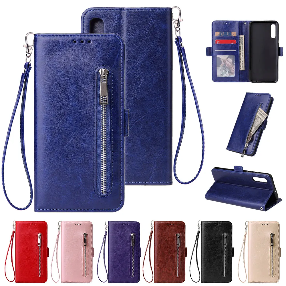 For Samsung A50 Solid Color PU Leather Zipper Wallet Double Buckle Protective Case with Stand & Lanyard purple