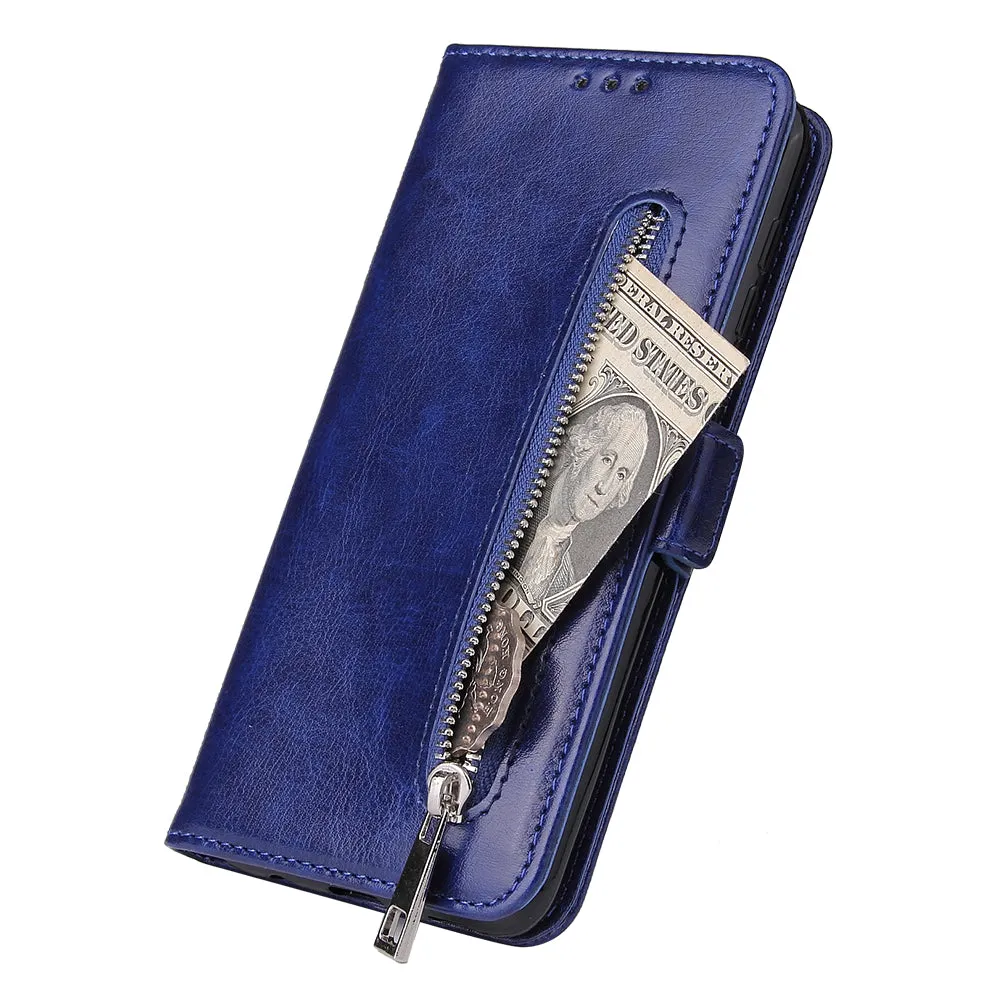 For Samsung A50 Solid Color PU Leather Zipper Wallet Double Buckle Protective Case with Stand & Lanyard purple