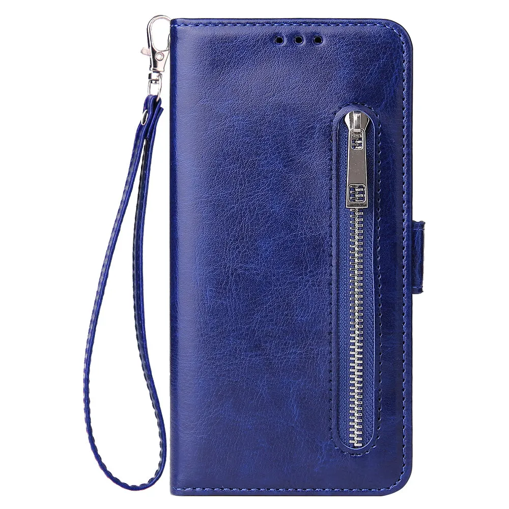 For Samsung A50 Solid Color PU Leather Zipper Wallet Double Buckle Protective Case with Stand & Lanyard purple