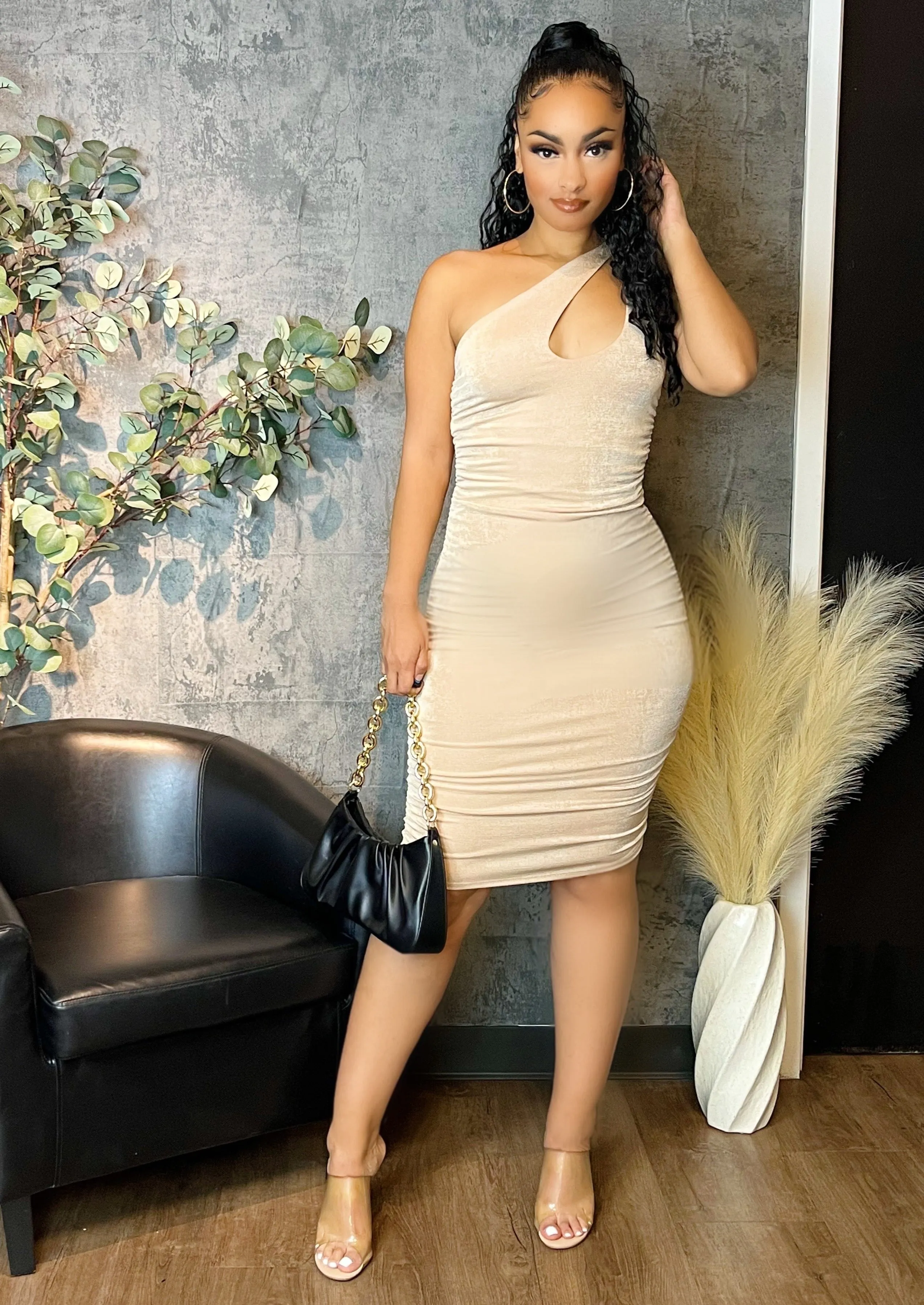 Front Cut-Out One Shoulder Dress (Khaki)