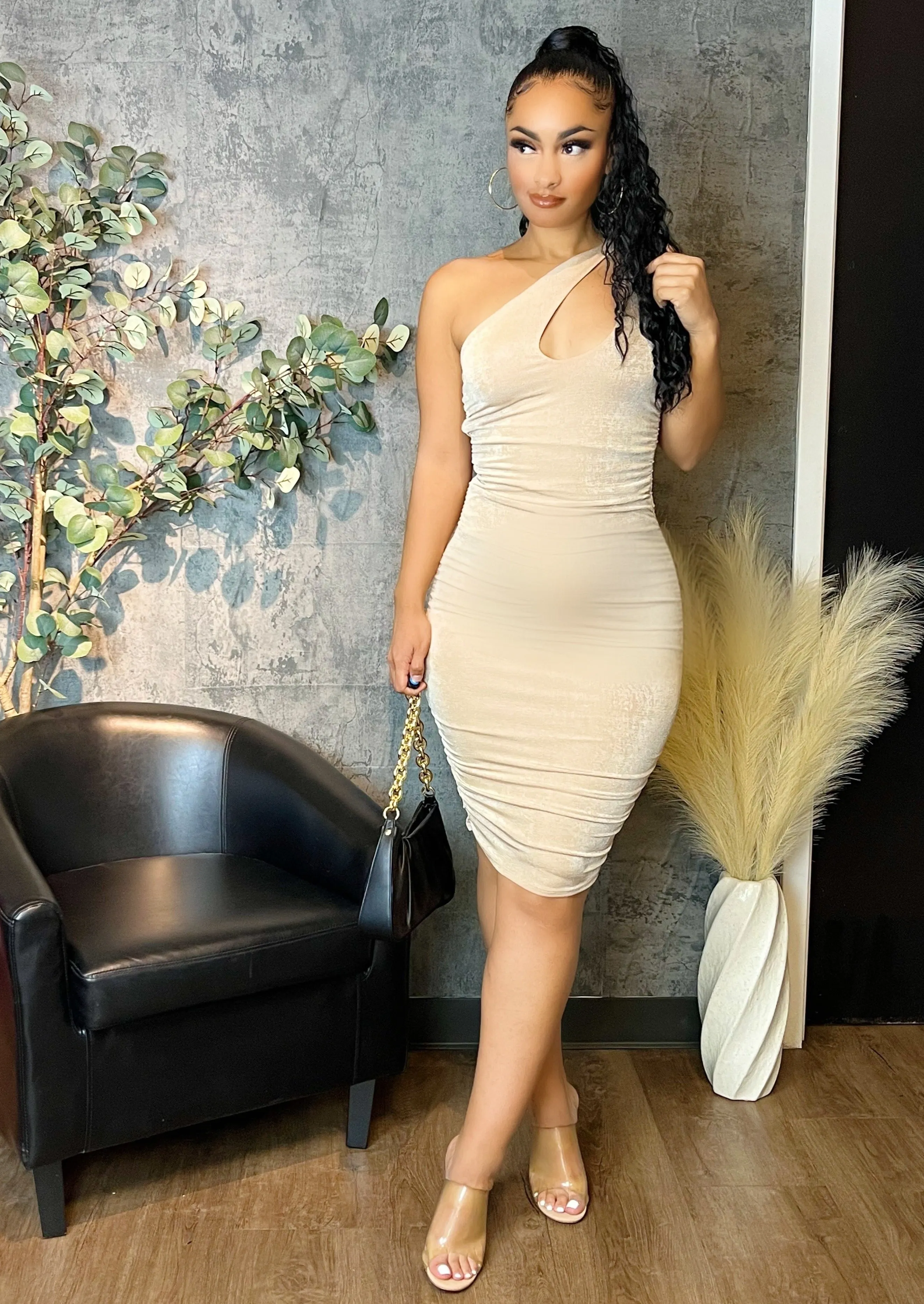 Front Cut-Out One Shoulder Dress (Khaki)