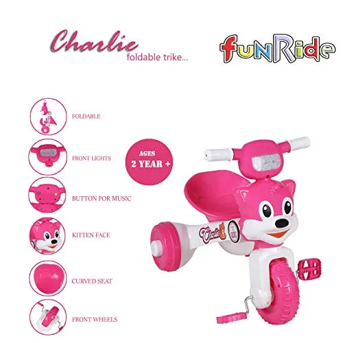 Fun Ride Charlie Cat Foldable Tricycles with Music and Lights for Boys and Girls of 2-4 Years (Pink, Weight Upto 18 Kg)