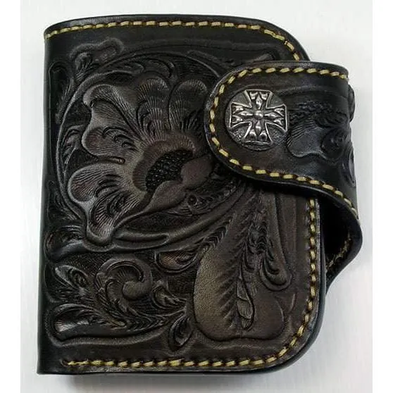 Genuine Leather Black Floral Bifold Western Wallet