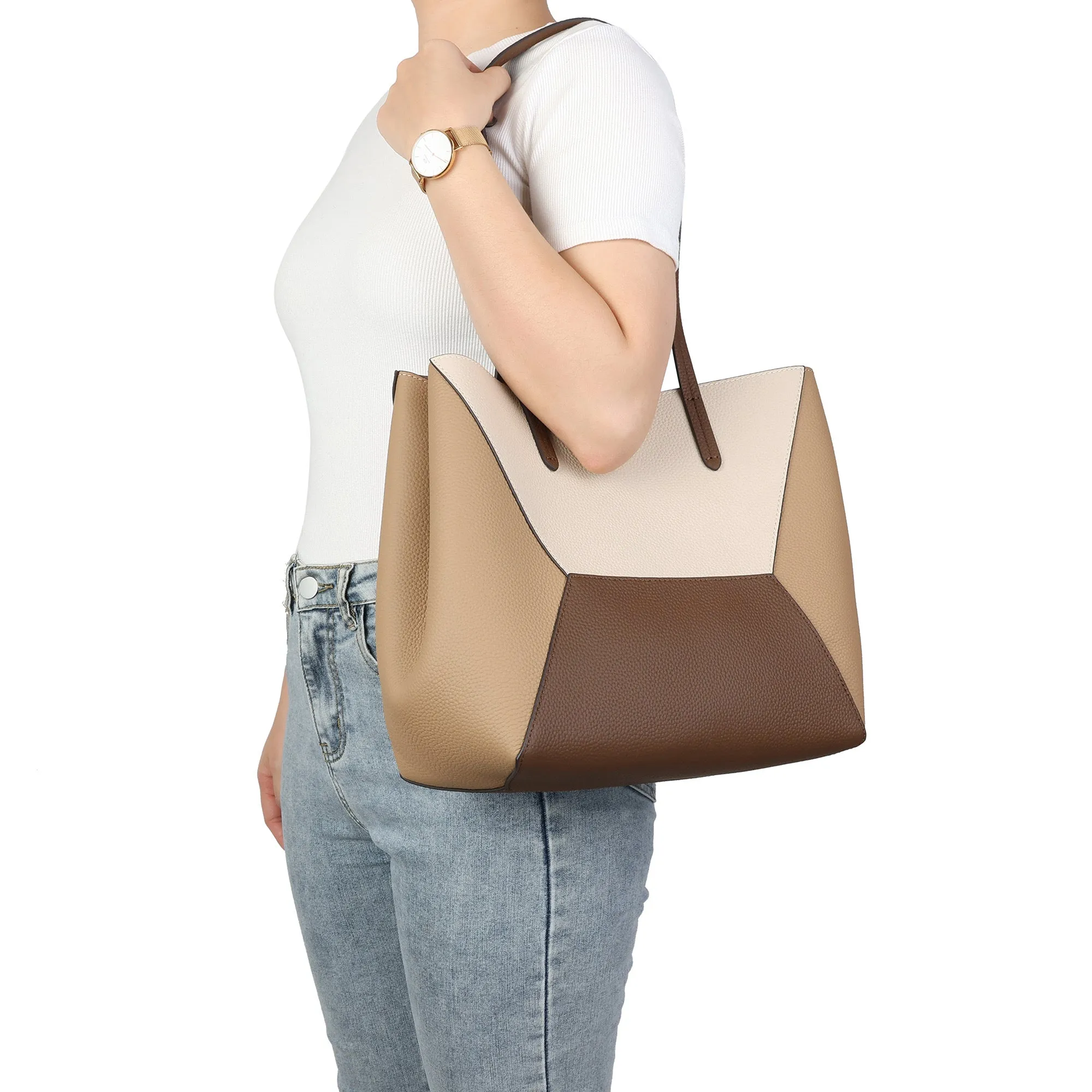 Geometric Leather Tote with Color-Block Design