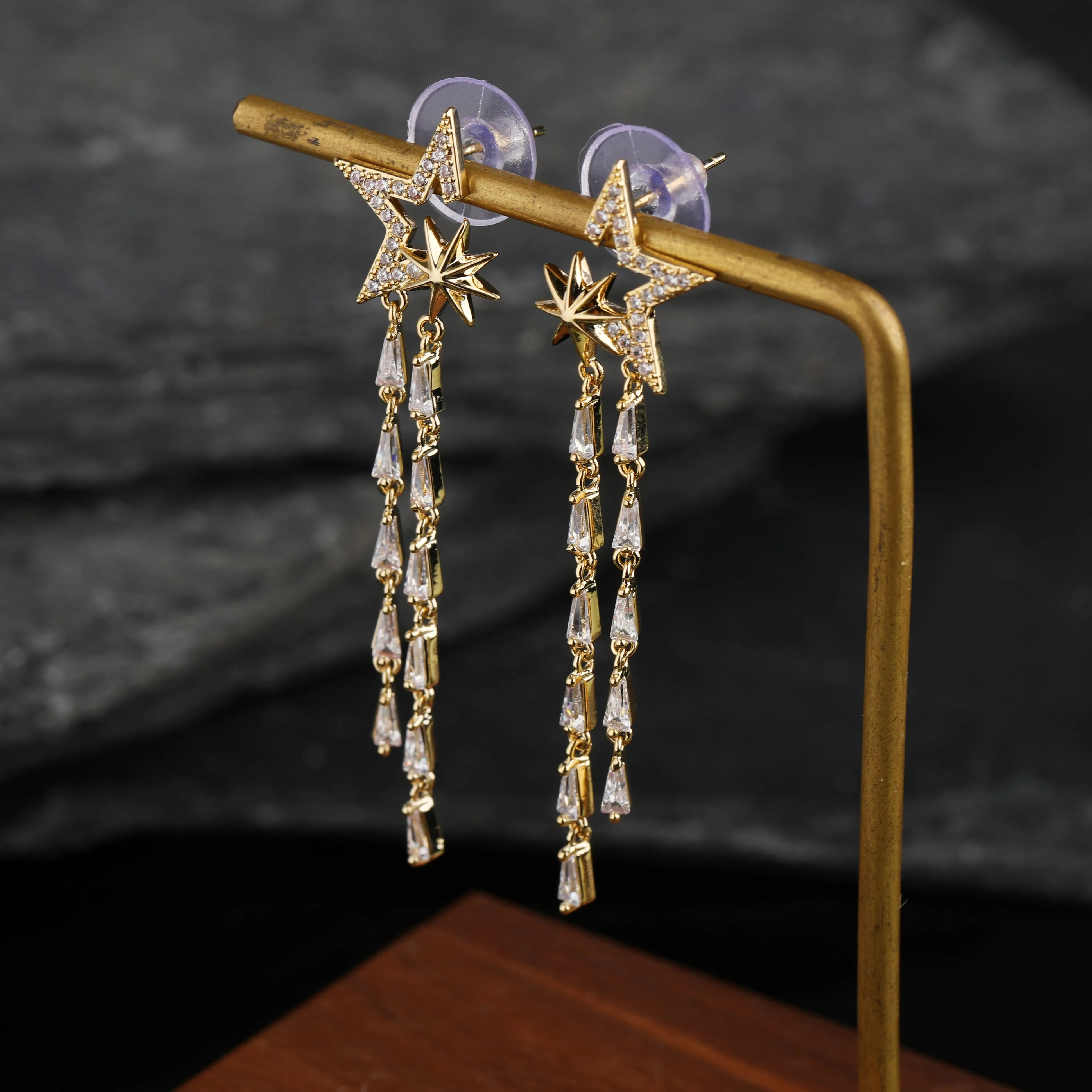 Gold Plated Trendy Celestial Star Micro Pave Tassel Drop Earrings