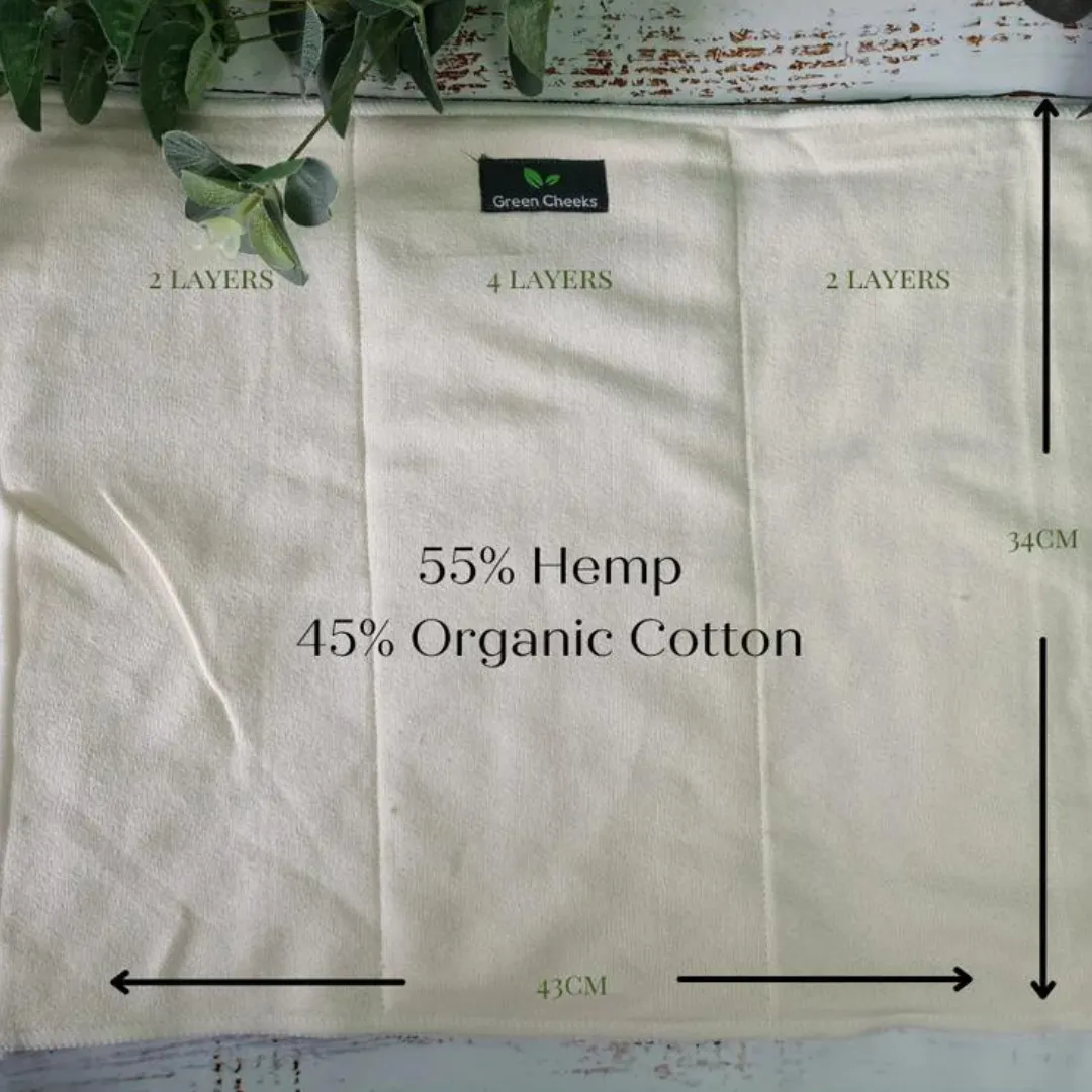 Green Cheeks Tri-Fold/ Pre-Fold 8 Layer Hemp Cloth Nappy Insert