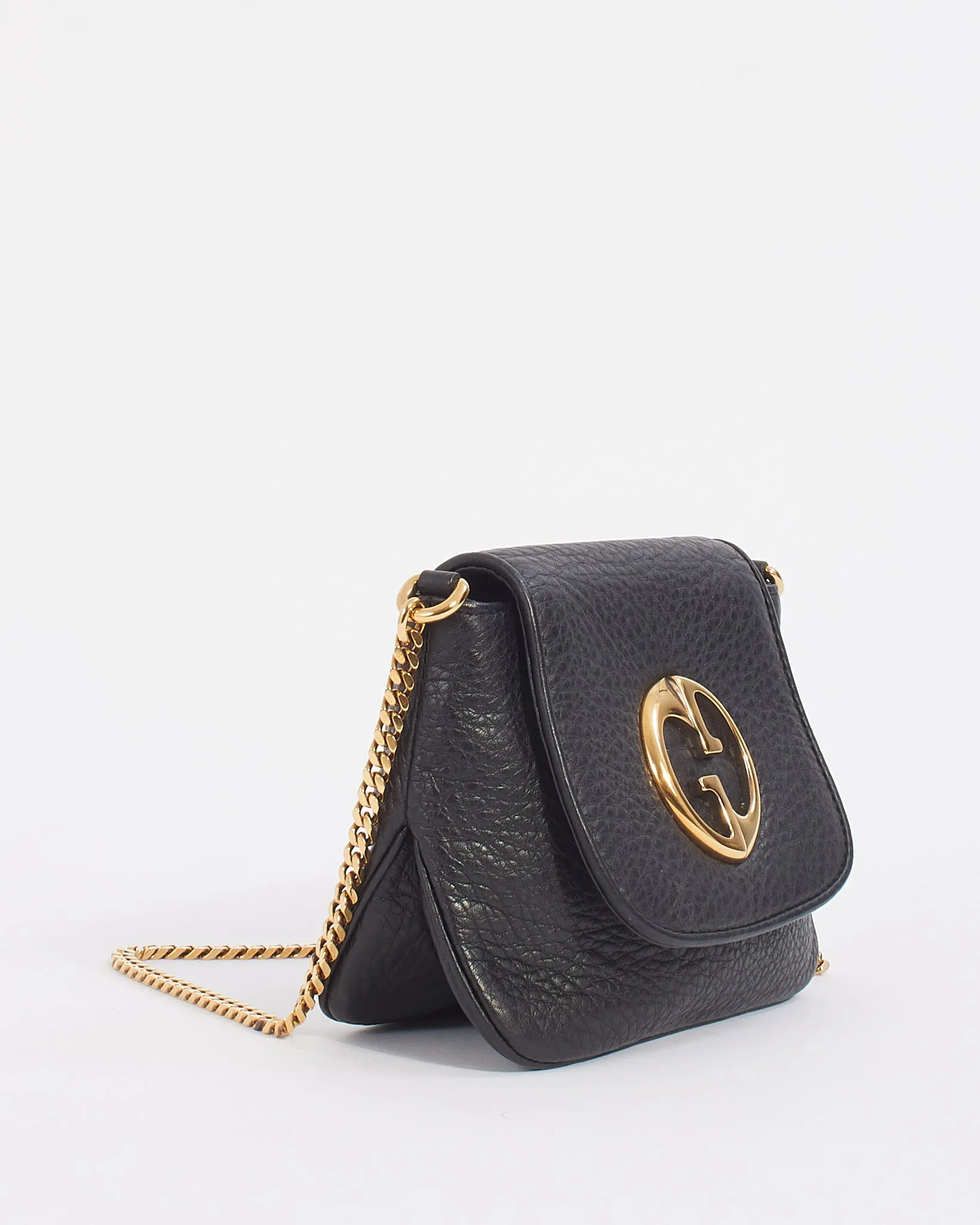 Gucci Black Pebbled Leather 1973 Small Crossbody Bag with Chain Strap