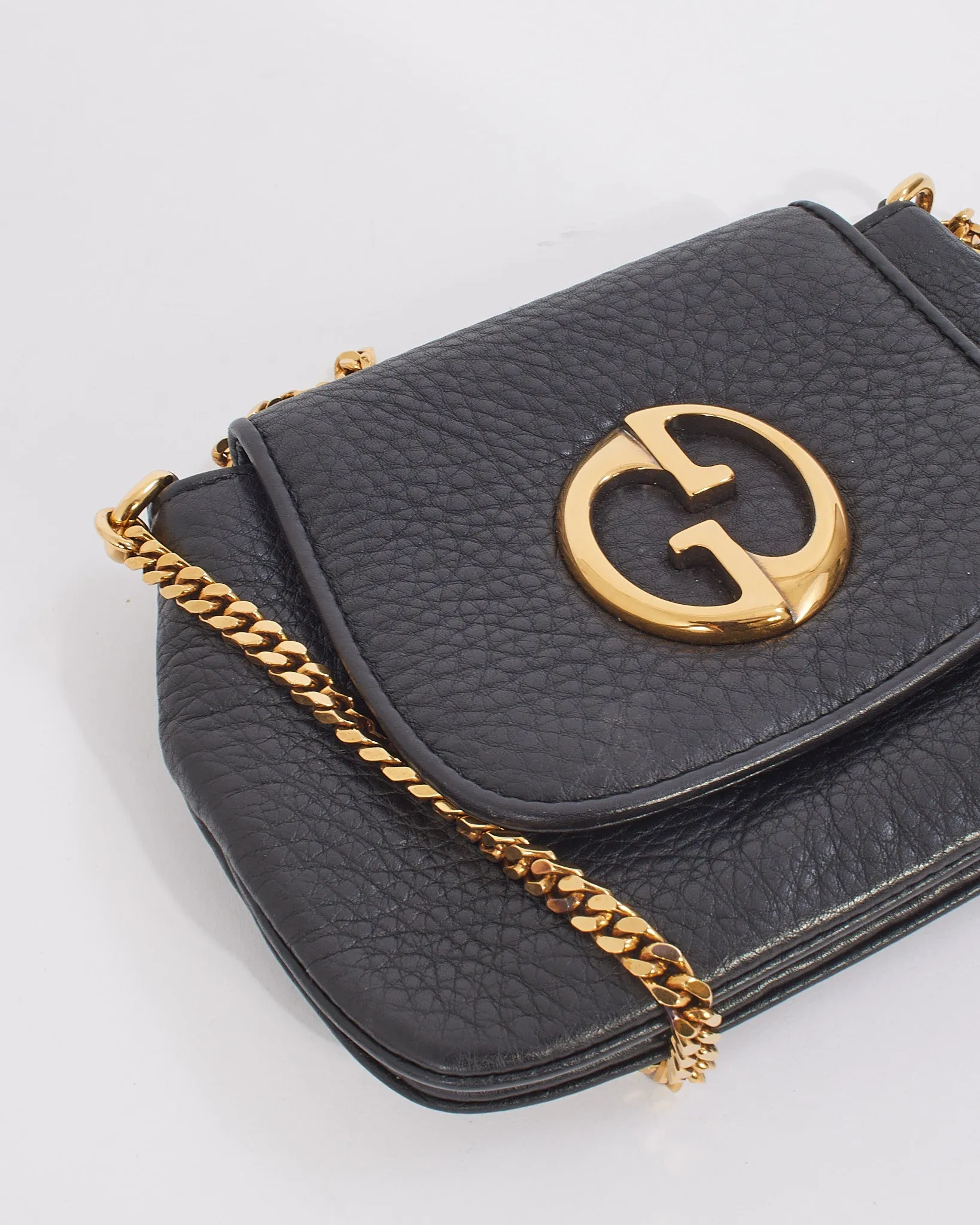 Gucci Black Pebbled Leather 1973 Small Crossbody Bag with Chain Strap